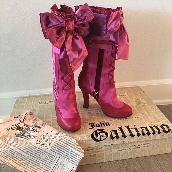Galliano Shoes Vintage Galliano Boots Pink Red Gold Leather Silk